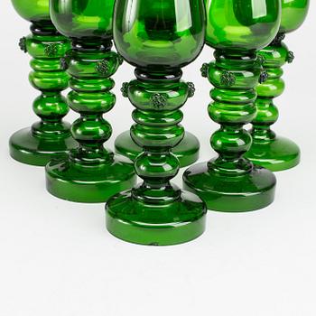 SIX GREEN WHITE WINE GLASES, 19th century.