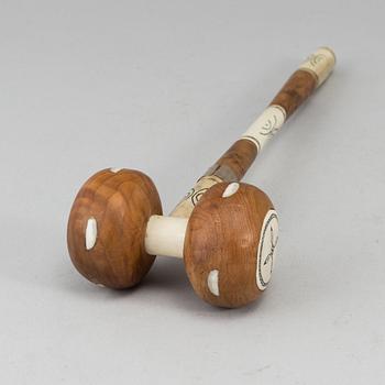 A Sami birch and reindeer horn mallet, signed GL.