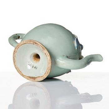 A celadon and underglaze blue and red glazed Cadogan tea pot, Qing dynasty, 19th Century.