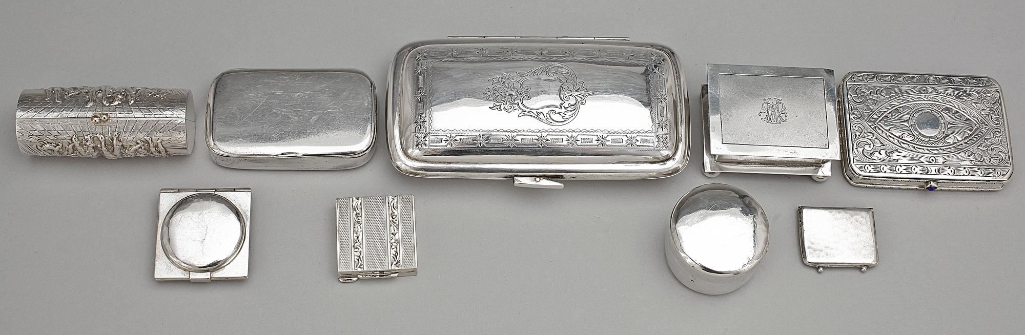 PARTI ASKAR OCH DOSOR, 8 st, silver, bla   Mattias Helén Västervik 1848. Totalvikt ca 425 gr.