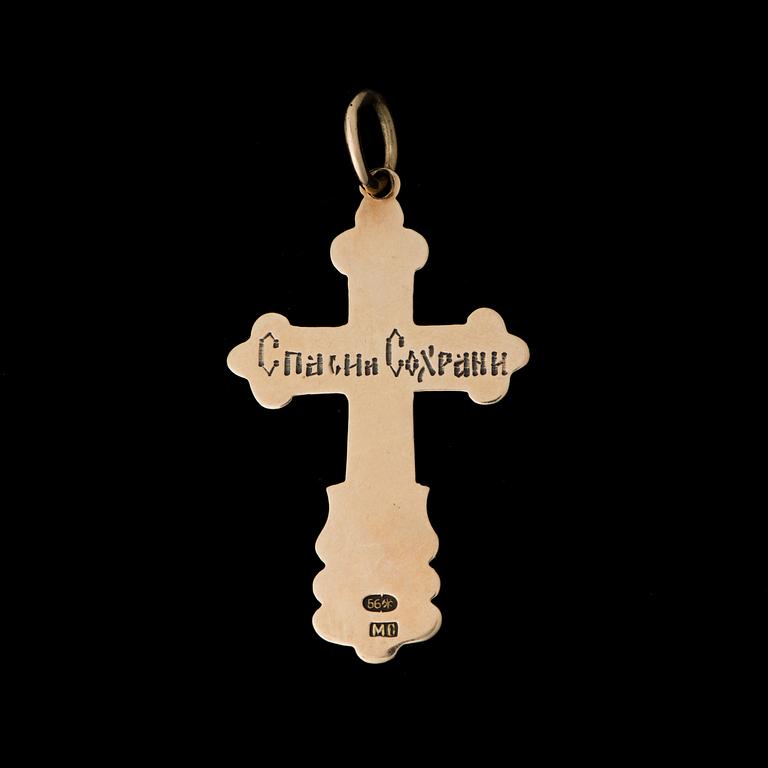 A PENDANT / CROSS, 14K (56) gold, enamel. St Petersburg, turn of 20th century.