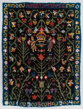 A Finnish folkart long pile Ryijy-rug dated 1994  after Porvoo model. Circa 155 x 120 cm.