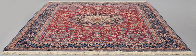 A CARPET, an old Isfahan, ca 347 x 252 cm (+ the ends have 3 and 2,5 cm flat weave).