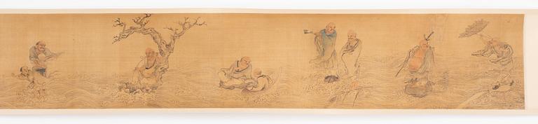 A Chinese scroll painting, by an unidentified artist, "Lohans Crossing the sea", late Qing dynasty/around 1900.