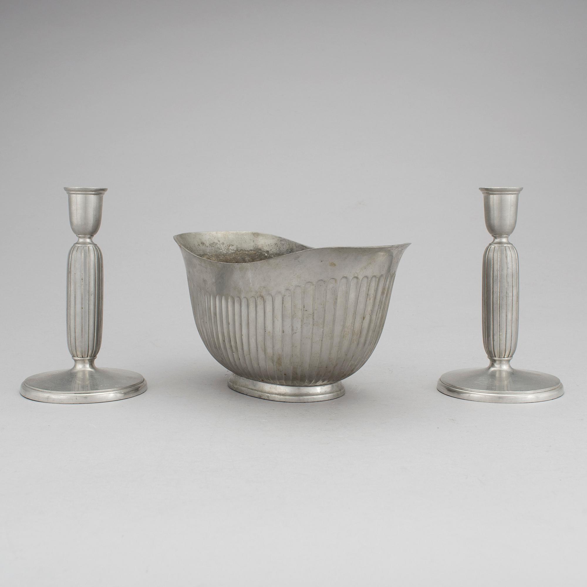 One pewter bowl and a pair of candleholders by Just Andersen, Denmark.