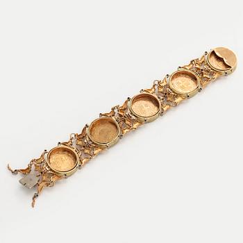 A Cazzaniga bracelet in 18K three-colour gold, with five Italian gold coins and diamonds, Rome, Italy.