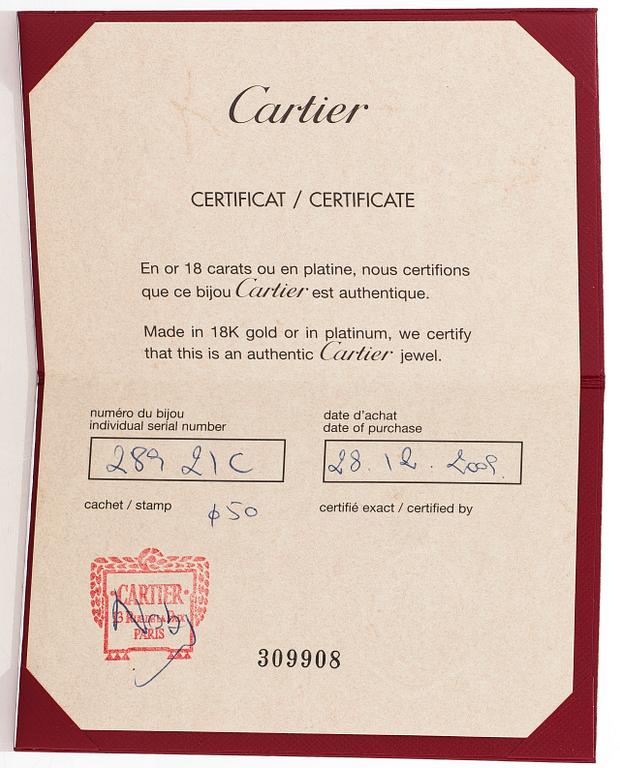 Cartier, sormus, platinaa ja briljanttihiottu timantti noin 0.45 ct.  GIA todistus ja sertifikaatti.