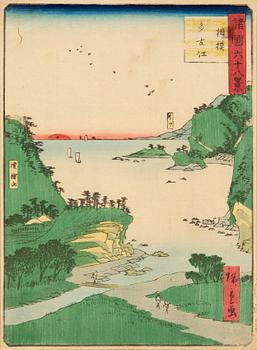 Ando Hiroshige efter, två träsnitt, 1800- / 1900-tal.