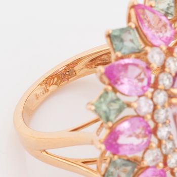 Kunzite, pink and green sapphire and brilliant  cut diamond cocktail ring.