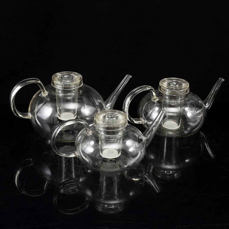 WILHELM WAGENFELD, 3 tea pots, Jenaer Glaswerk, Schott & Gen, Germany.