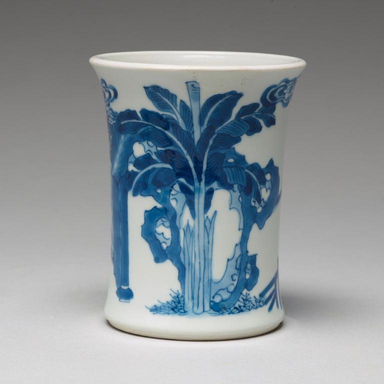 A blue and white Transitional brush pot, 17th Century with Chenghua mark.