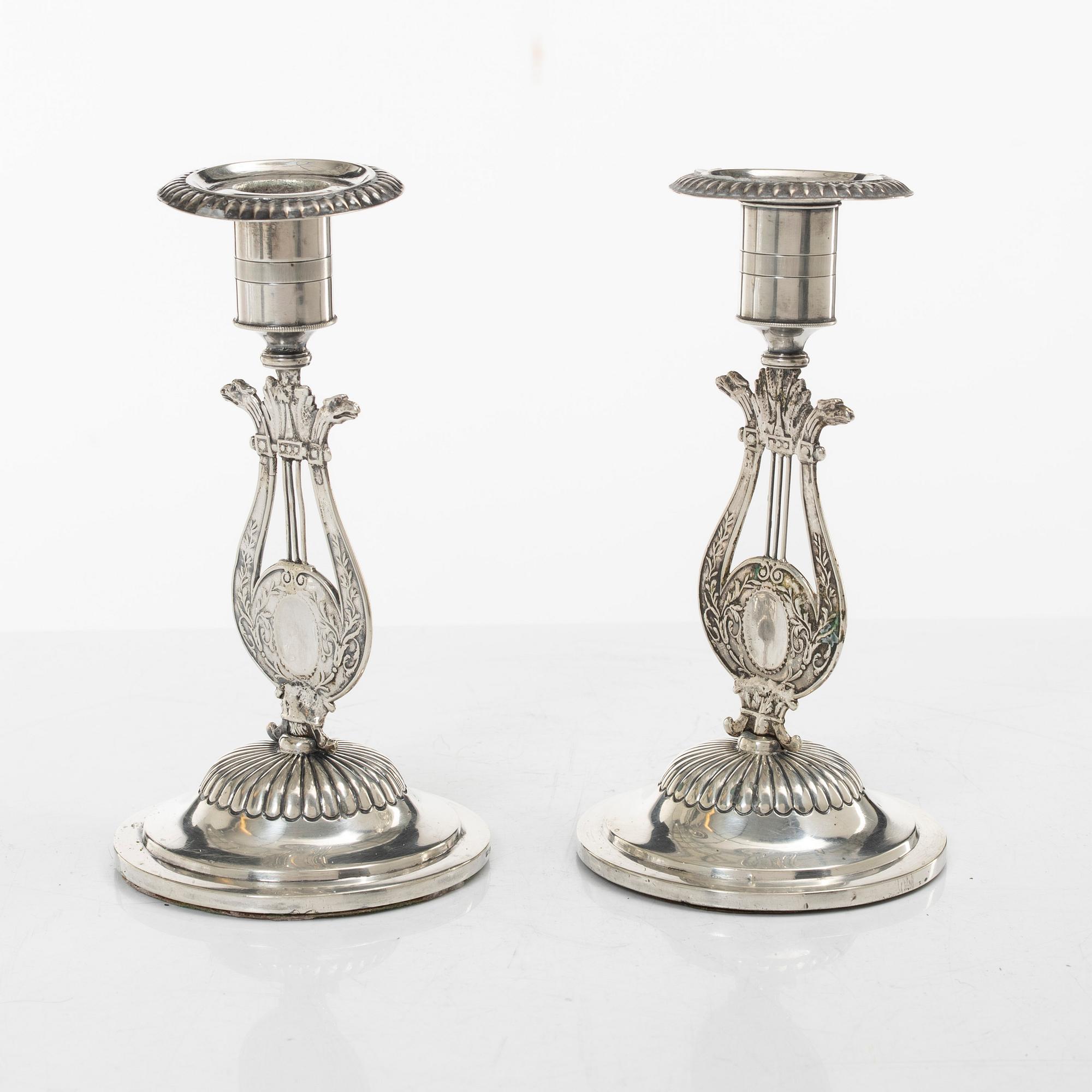 Empire, A pair of Swedish silver candlesticks, mark of Otto Wilhelm Kjellberg,  Västerås 1838.