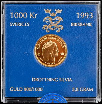 GULDMYNT, Drottning Silvia, 1000 kronor, 1993. Vikt 5,8 gram.