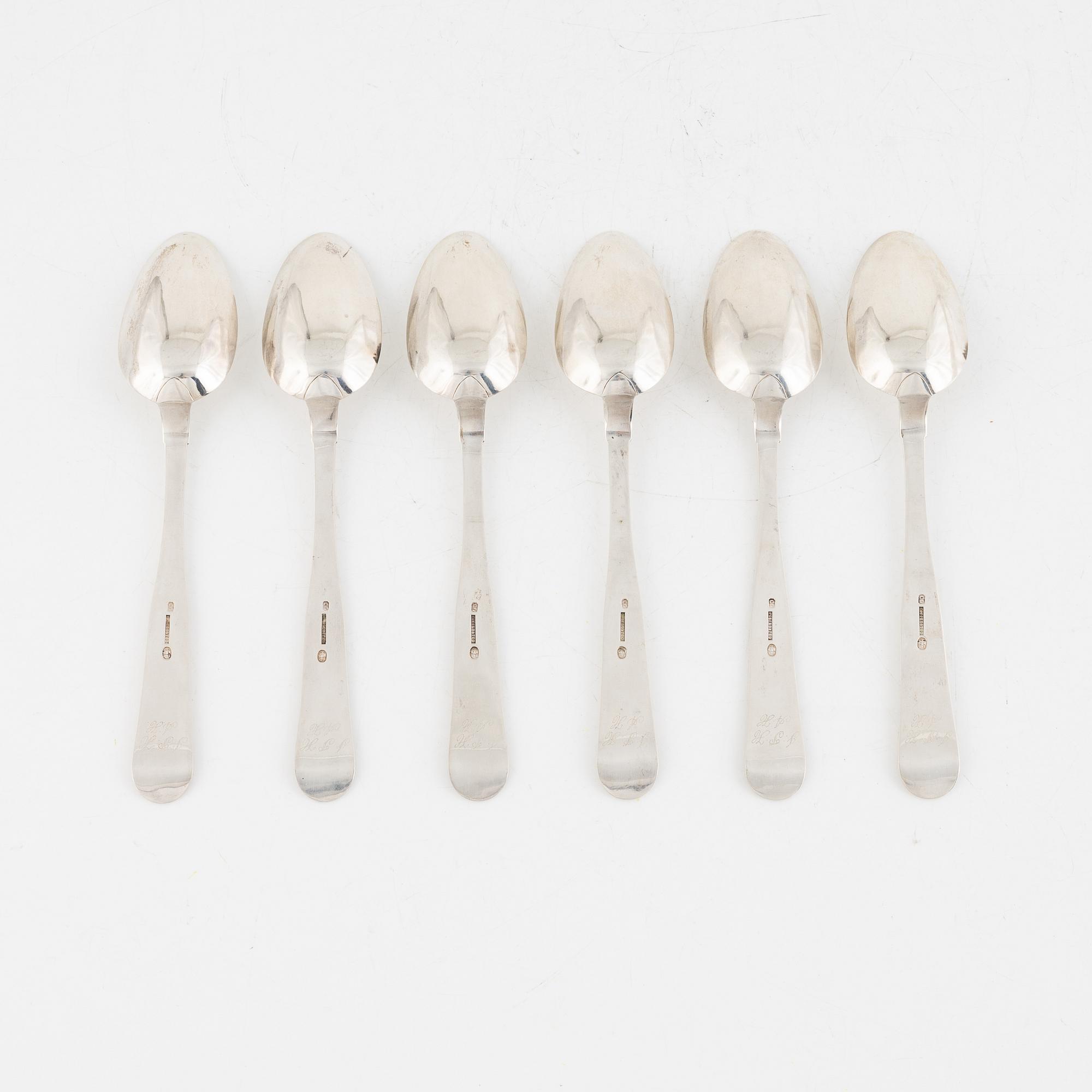 Chresten Giedsted (1802-1875), skedar, 6 st, silver, Randers, Danmark.