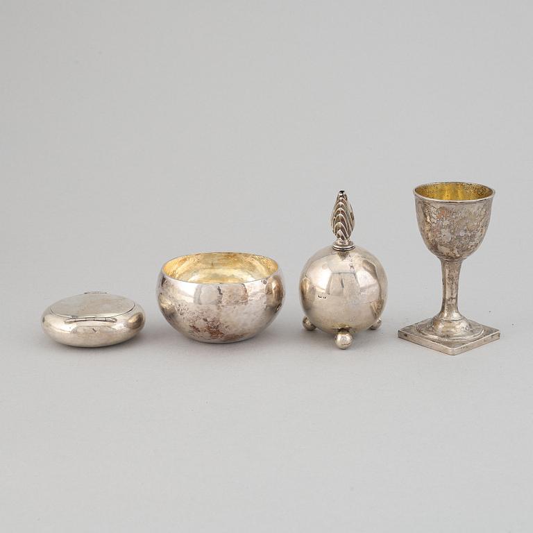 Bowl, cup, box, and flask, silver, Sweden and england, 19-20th century.