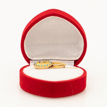 Brosch, 18K, emalj samt turkoser, 1800-talets slut.