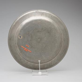 A pewter charger by M Beck 1741.