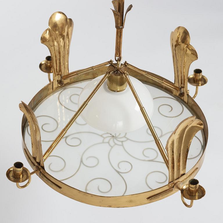 Lars Holmström, a Swedish Grace brass ceiling chandelier, Arvika Sweden 1920s-1930s.