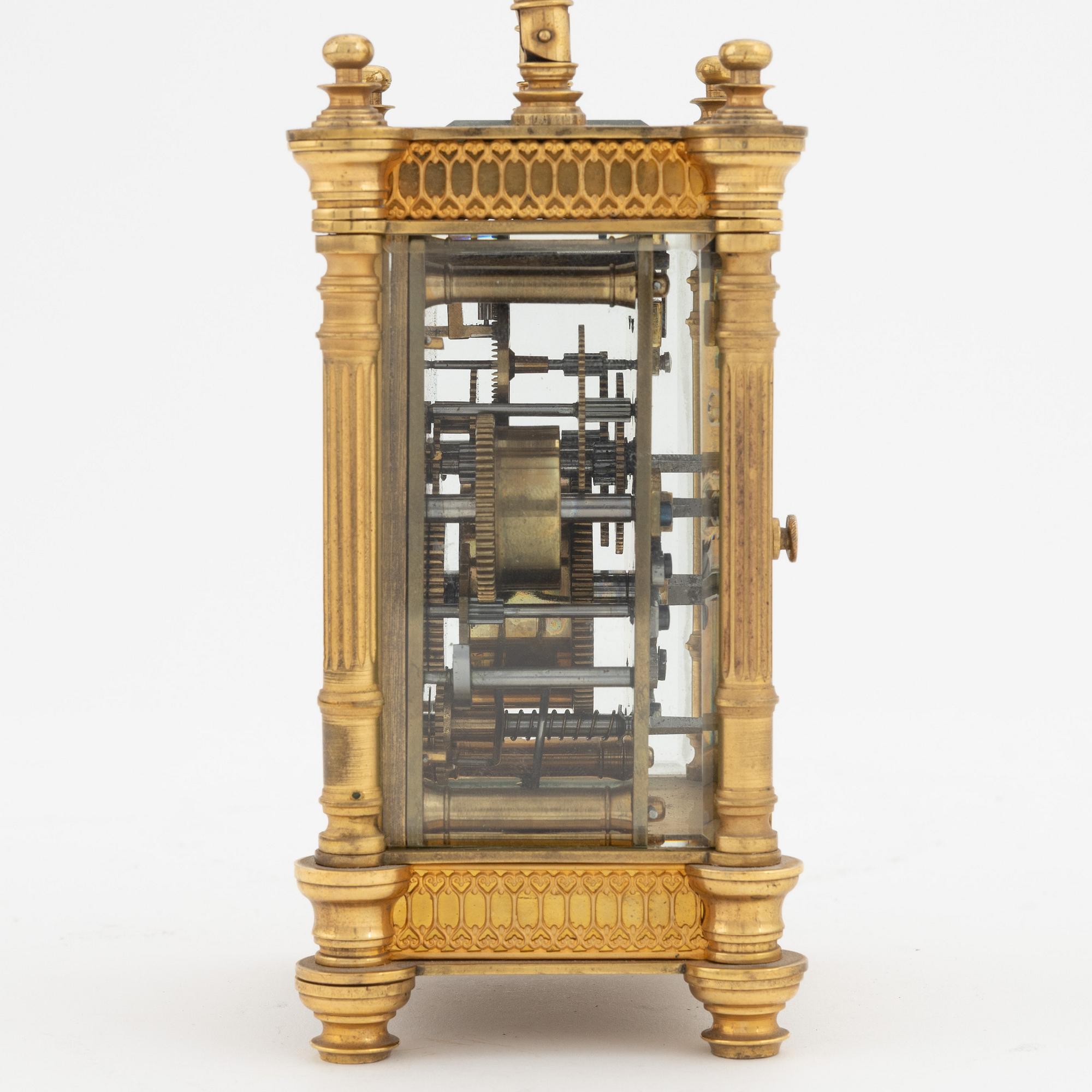 A brass carriage clock, Duverdrey & Bloquel, France, around the year 1900.