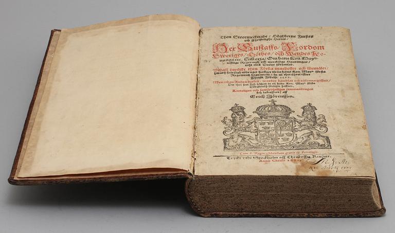 BOK, 2 delar i en vol, "Then Stoormächtige Högborne Furstes...Herr Gustaffs..." av Erich Jöransson Tegel, Stockholm 1622.