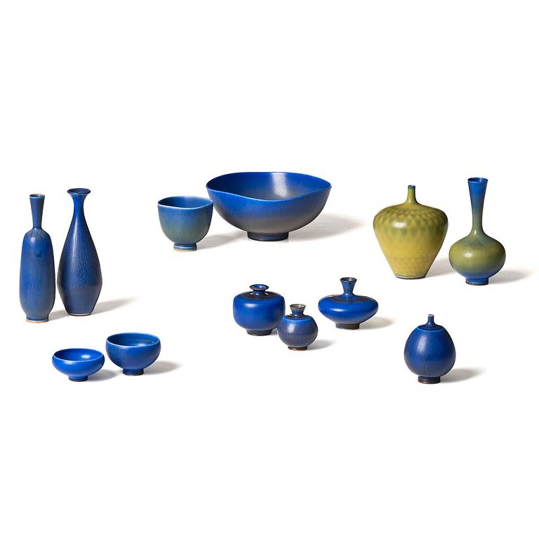 Berndt Friberg, a set of 8 miniature stoneware vases and 4 bowls, Gustavsberg Studio, 1962-68.