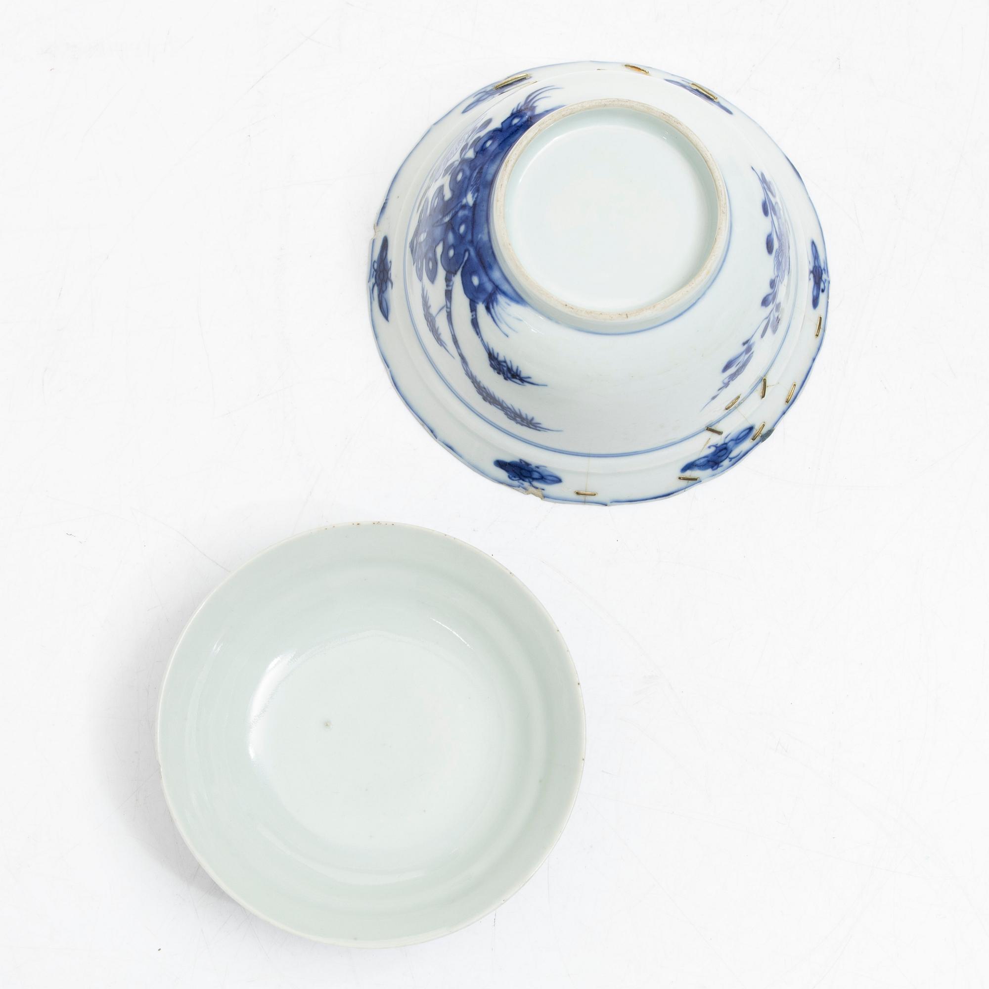 A blue and white butter dish with stand and cover, and a blue and white bowl with cover, China, Qianlong (1736-95).