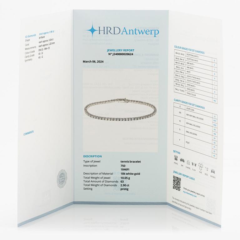 Tennis bracelet with brilliant-cut diamonds, including HRD report.