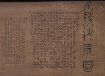 A large water colour and ink painting on silk, by Anonymous artist, Qing dynasty, 18th/19th Century.