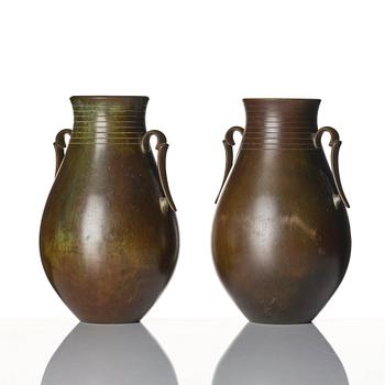 Guldsmedsaktiebolaget (GAB), a pair of Swedish Grace bronze vases, probably designed by Jacob Ängman.