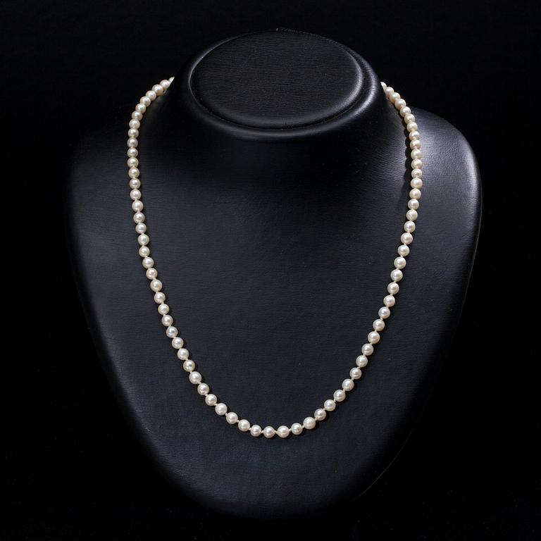 PÄRLHALSBAND, odlade pärlor, silverlås 1900-talets slut.