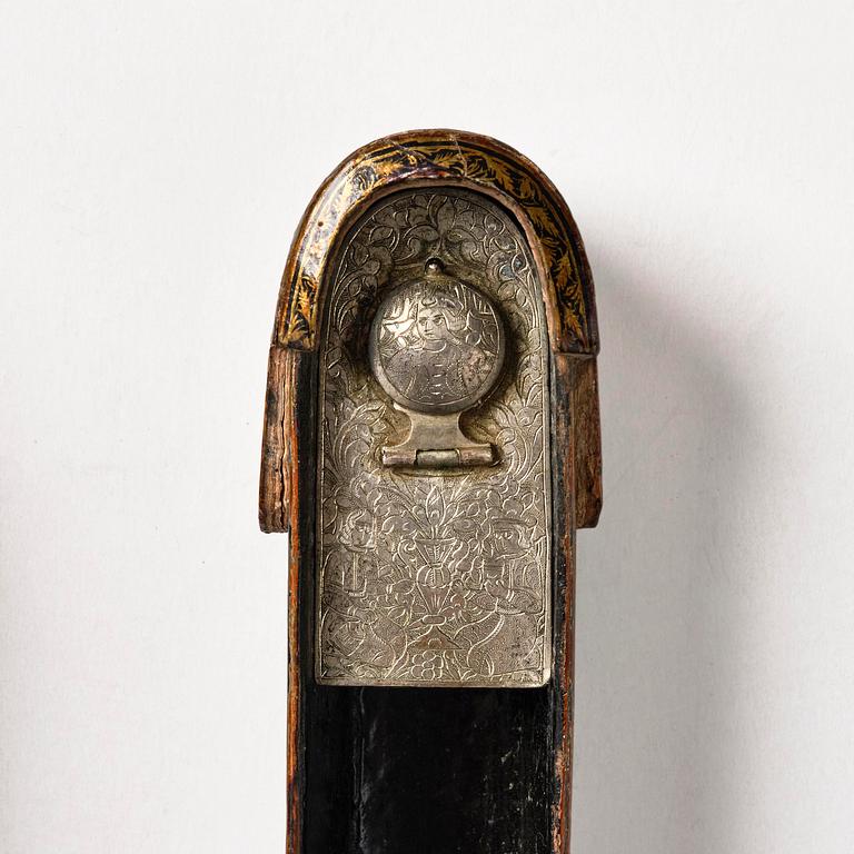 A Qajar papier-mâché polychrome lacquer Qalamdan, Persia, first half of the 19th century.
