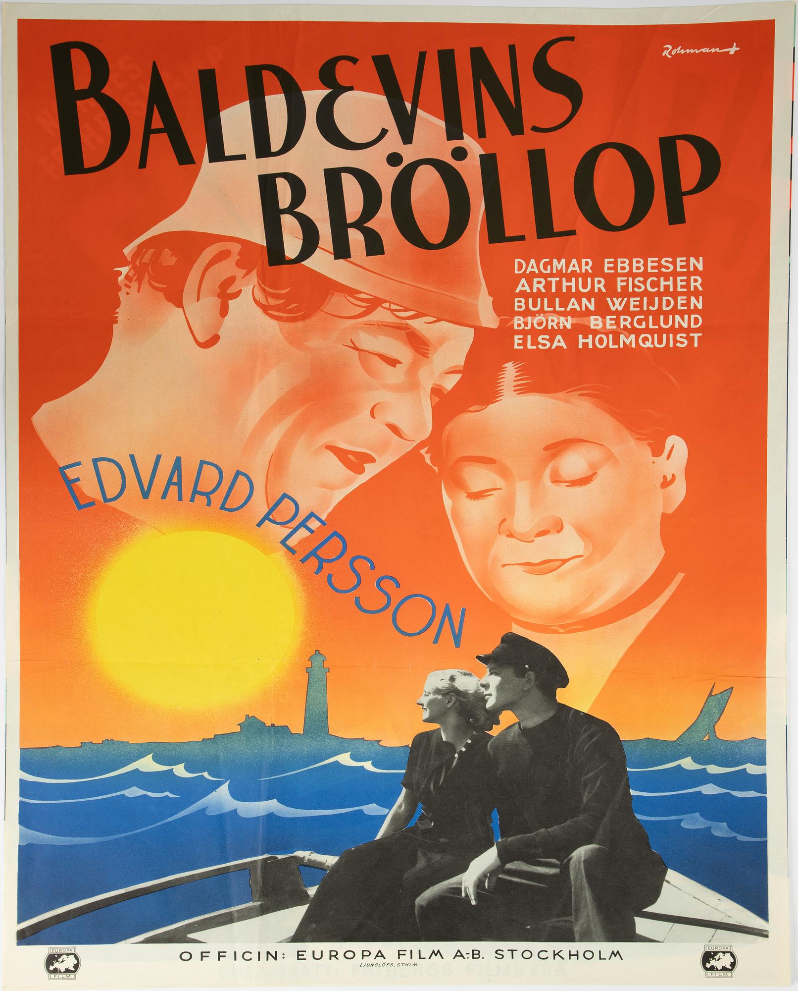 Eric Rohman, litografisk filmaffisch, "Baldevins bröllop", Ljunglöfs, Sthlm, 1938.