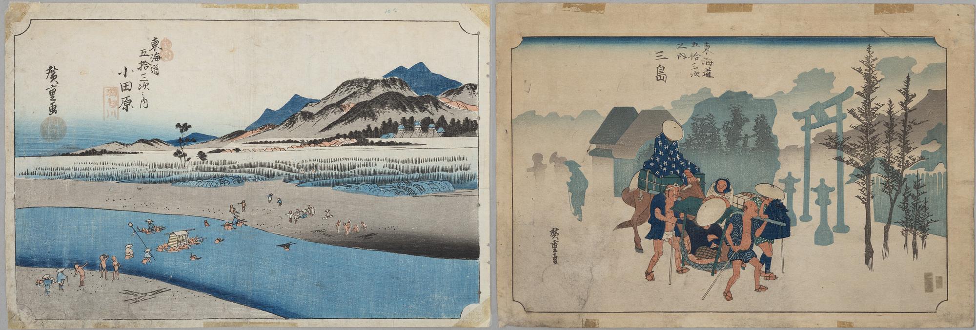 Ando Hiroshige, after, two woodblock prints, 19th/20th century.