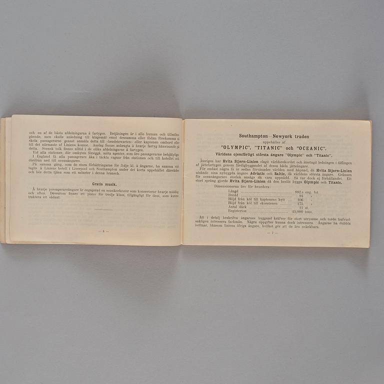 BROSCHYR. "HVITA STJERN LINIEN", "WHITE STAR LINE", "OLYMPIC & TITANIC". 45,000 TONS-VARDERA. GENERALAGENT CARL ERIKSSON.