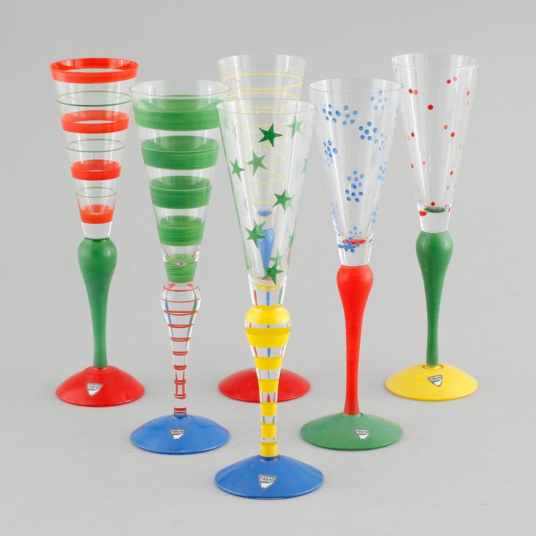 ANNE NILSSON, champagneglas, 6 st, "Clown", glas, Orrefors, signerade.