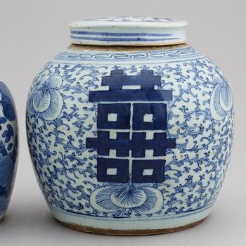 A set of three odd blue and white jars, late Qing dynasty, 19th Century.
