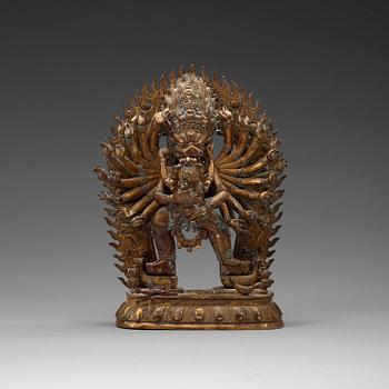 A bronze figure of Yamantaka Vajrabhairava and consort, Tibeto-Chinese, circa 1900.