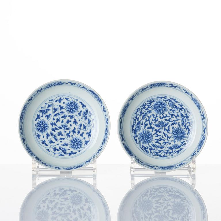 A set of nine blue and white lotus dishes, Qing dynasty with Daoguang seal mark.