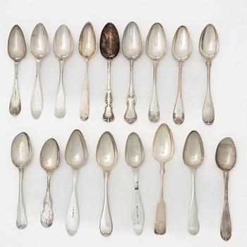 Table spoons, 17 pcs, silver, mostly 19th Century.