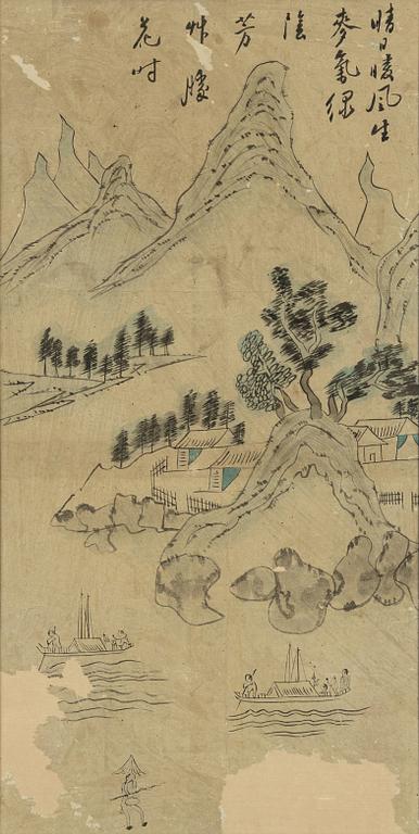 Oidentifierad konstnär, fyra stycken målningar, tusch och akvarell på papper, Korea, omkring 1900.