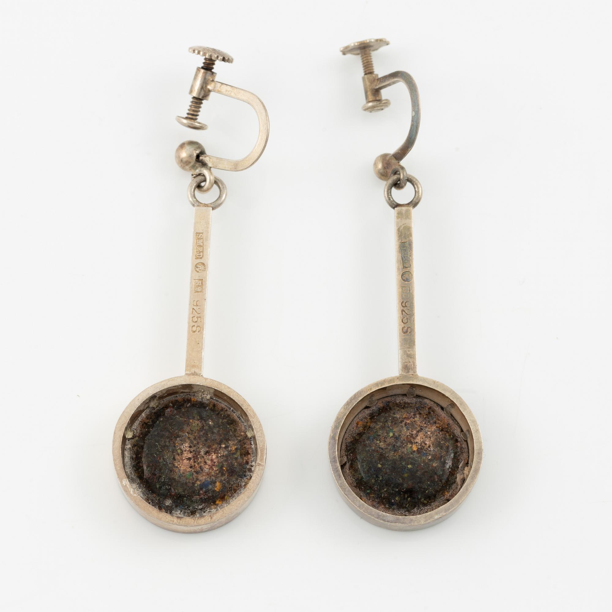 Lars Arby, three pairs of earrings, sterling silver and enamel, Gothenburg 1967 and 1969.