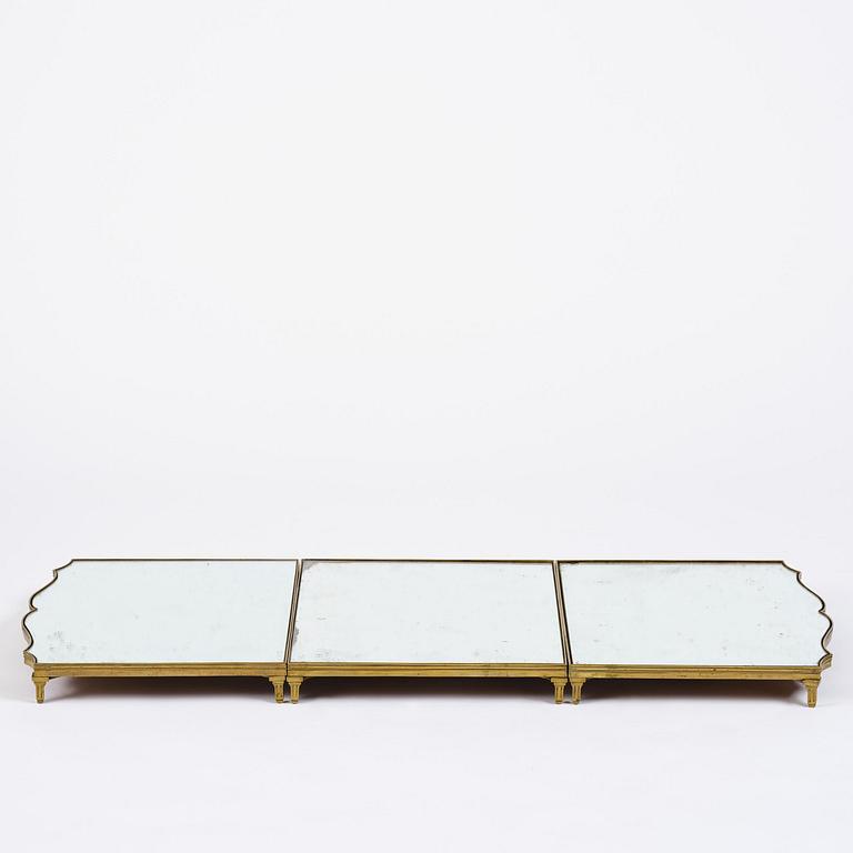 A Gustavian three-piece brass and glass surtout de table, Stockholm, later part 18th century.