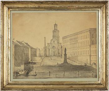 Okänd konstnär, 1800-tal, Slottsbacken med Storkyrkan i fonden.