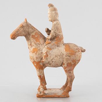 A painted pottery figure of an equestrian standard-bearer, Tang dynasty (618-907 AD.).
