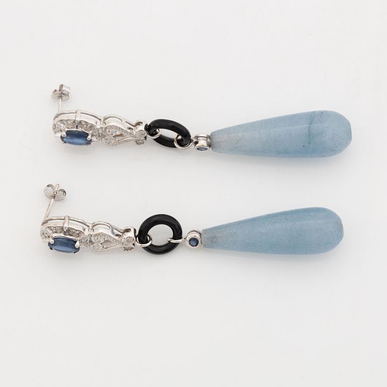 Sapphire, eight cut diamond, onyx and aquamarine drop earrings.