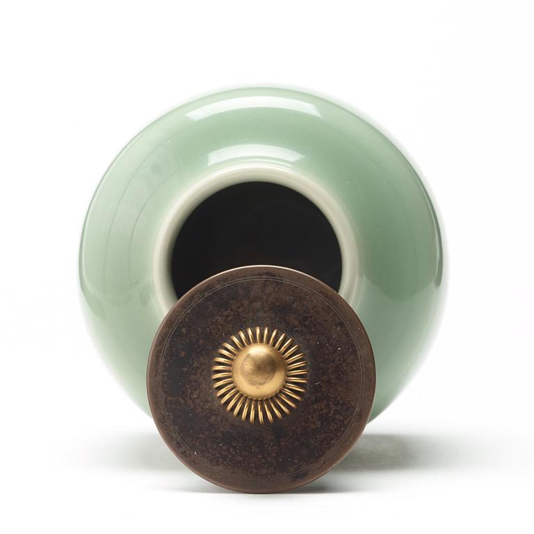 Knud Andersen, A Knud Andersen stoneware jar with patinated bronze cover and stand, Royal Copenhagen, Denmark.