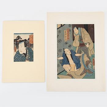 Utagawa Kunisada, tre träsnitt samt Utagawa Kuniyoshi, träsnitt.