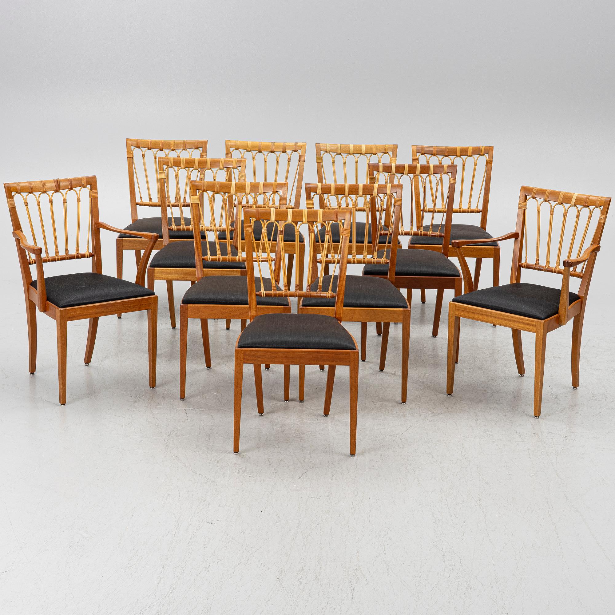 Josef Frank, a set of 8+2 dining chairs, model 1165, Svenskt Tenn, ca 1987.
