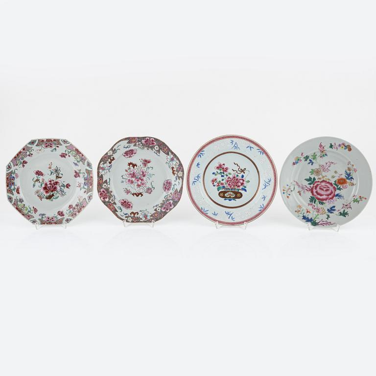 Twelve Famille Rose plates and two small plates, China, Qianlong (1736-95).