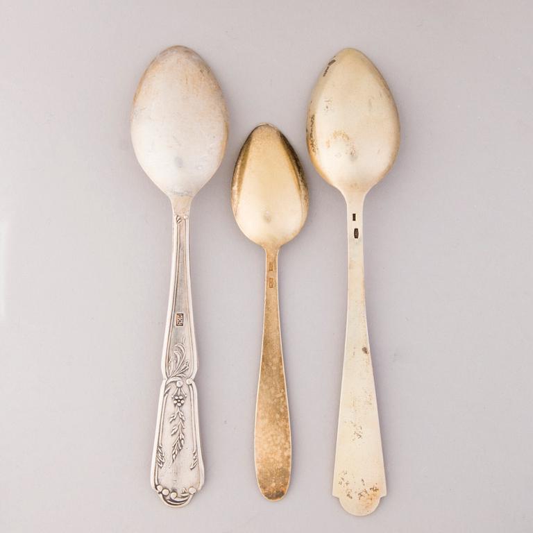 Three sets of silver spoons, totally 18 pieces, Soviet Union hallmarks.